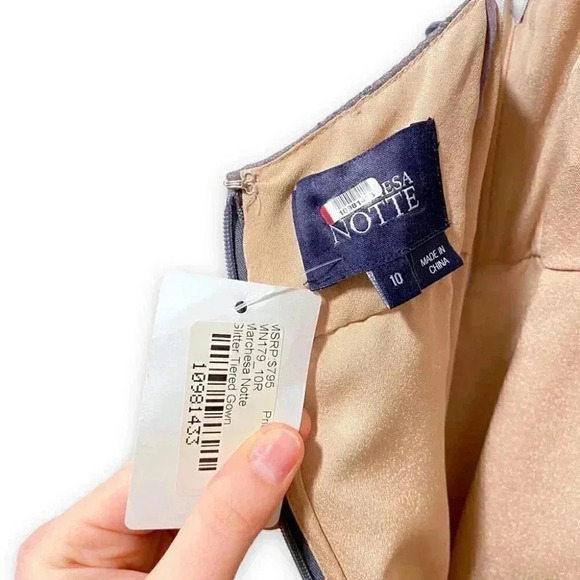 NWT Marchesa Notte Silver Grey Sparkle Tulle Tiered Sleeveless Gown Dress 10 - Picture 9 of 15